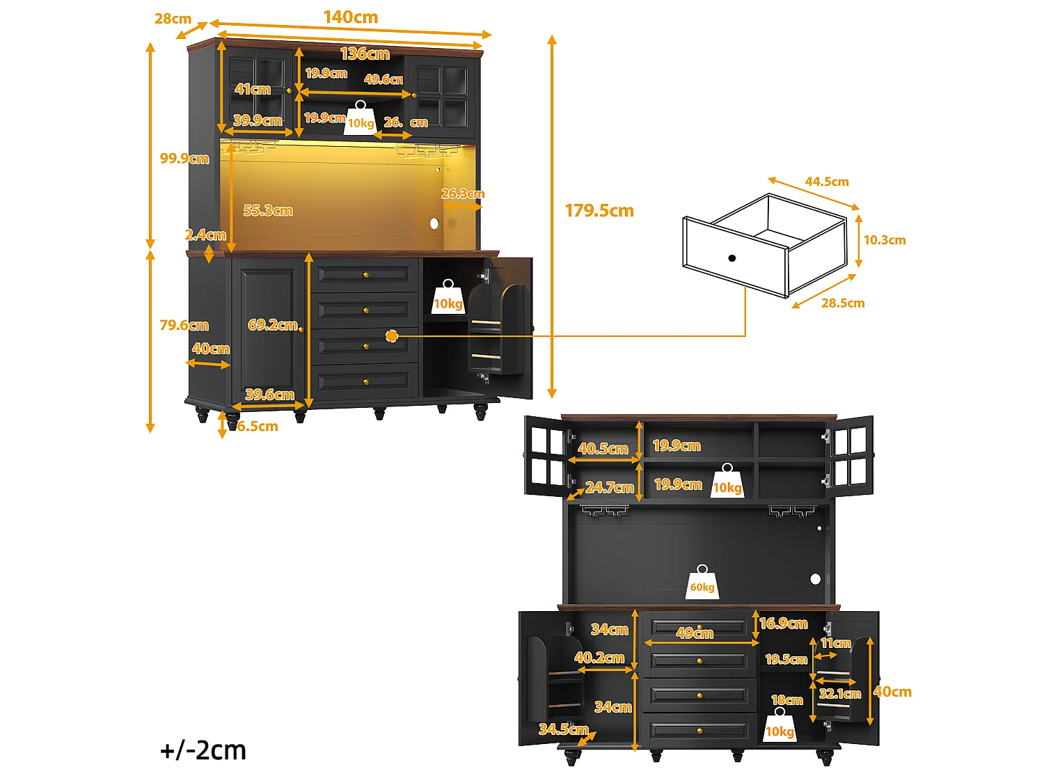 Buffet Hochschrank Küche 140cm - Aufbewahrungsschrank mit verbundener RGB-LED-Beleuchtung, Gläserregal, Füße aus Massivholz, Modernes Design - Schwarz