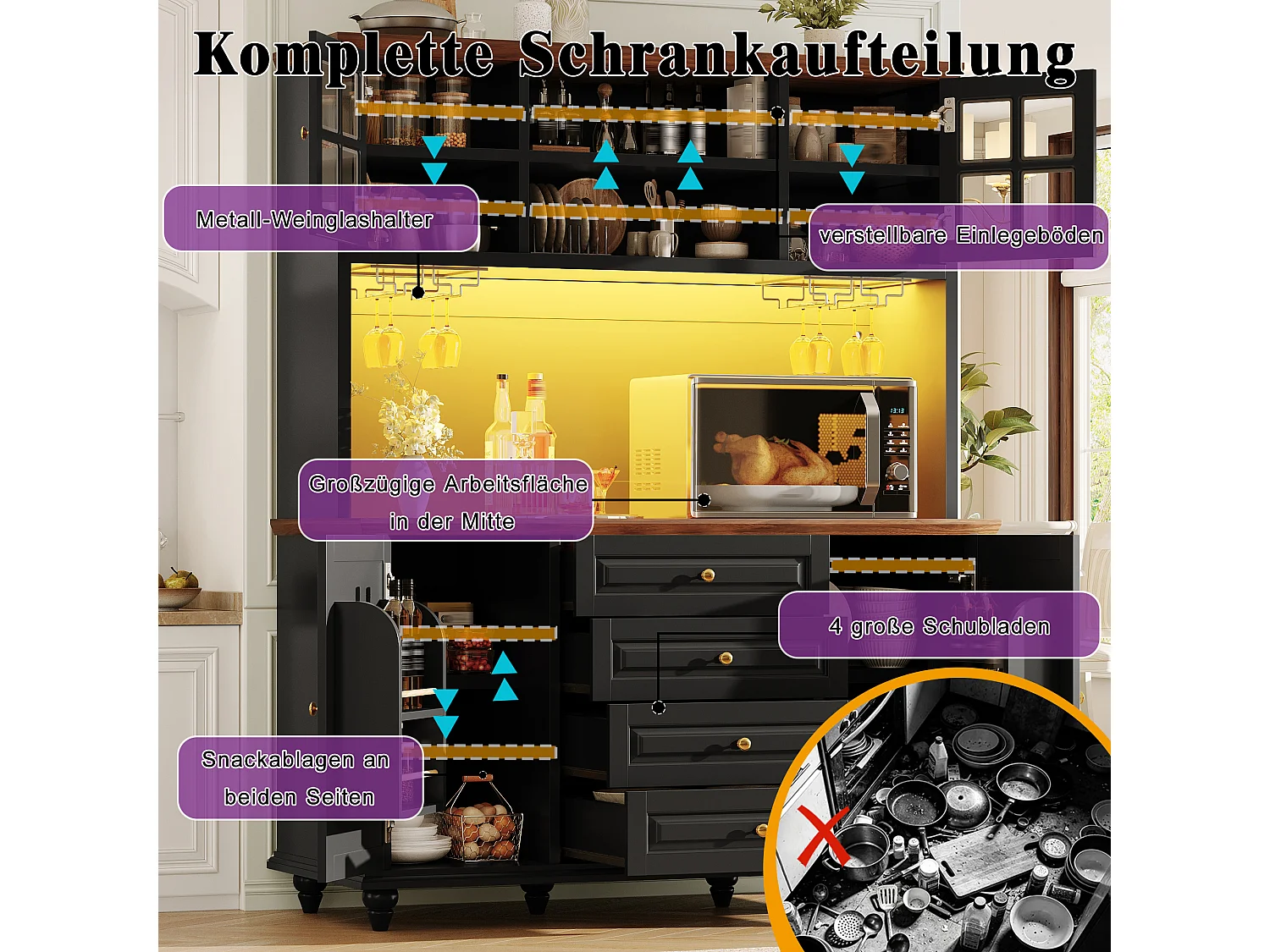 Buffet Hochschrank Küche 140cm - Aufbewahrungsschrank mit verbundener RGB-LED-Beleuchtung, Gläserregal, Füße aus Massivholz, Modernes Design - Schwarz