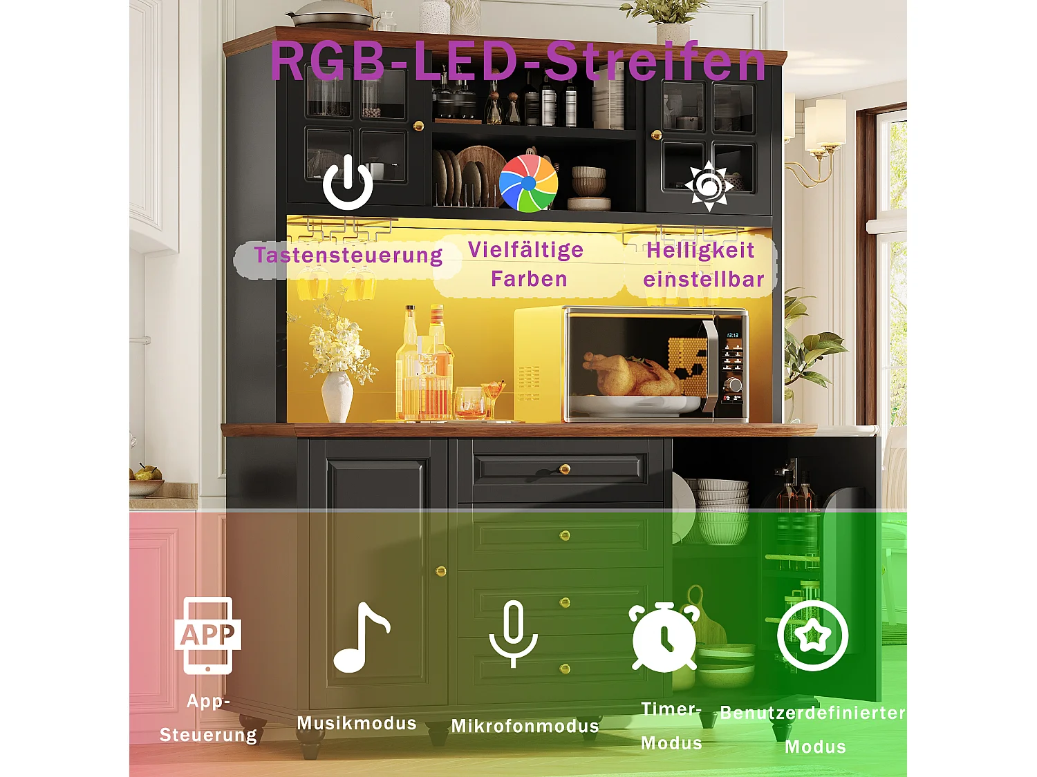 Buffet Hochschrank Küche 140cm - Aufbewahrungsschrank mit verbundener RGB-LED-Beleuchtung, Gläserregal, Füße aus Massivholz, Modernes Design - Schwarz