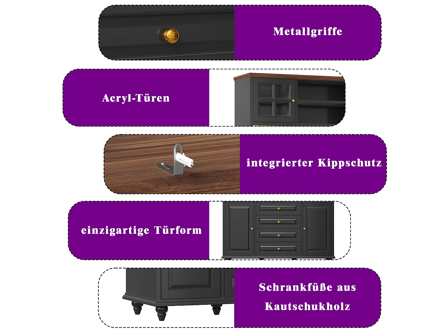 Buffet Hochschrank Küche 140cm - Aufbewahrungsschrank mit verbundener RGB-LED-Beleuchtung, Gläserregal, Füße aus Massivholz, Modernes Design - Schwarz