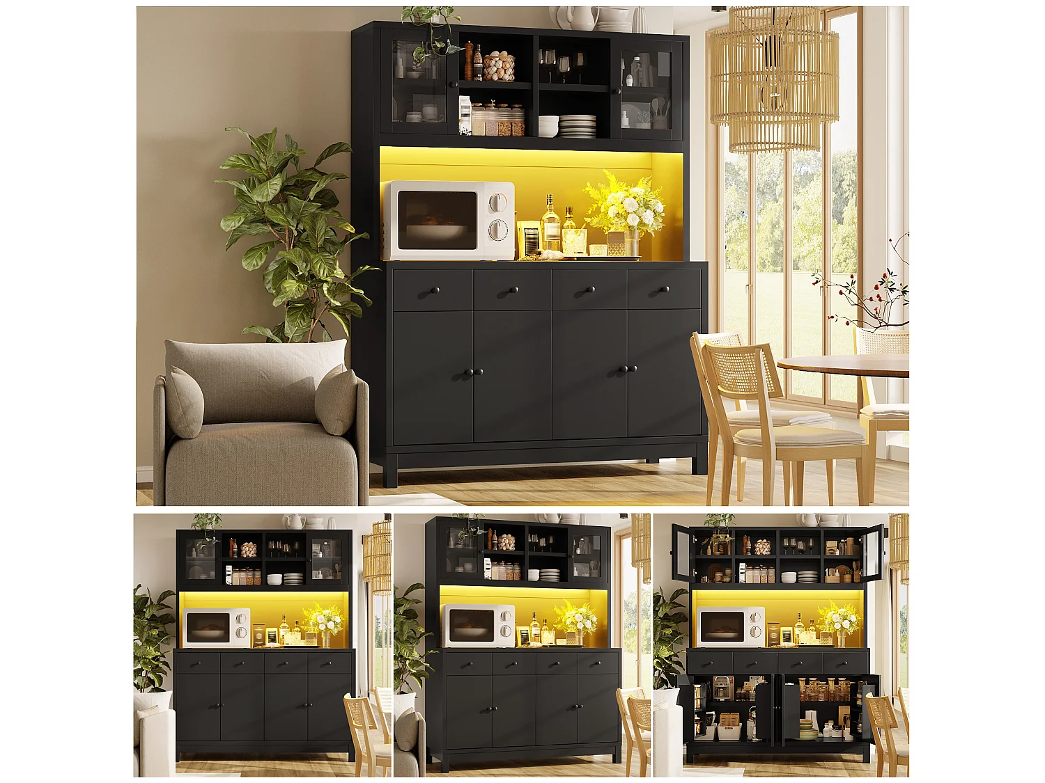 Buffet Haut de Cuisine 140cm - Vitrine avec Éclairage LED RGB Connecté, 4 Tiroirs, Rangement Modulable, Sécurité Anti-Basculement - Noir