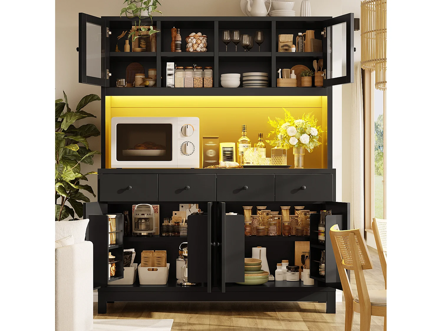 Buffet Haut de Cuisine 140cm - Vitrine avec Éclairage LED RGB Connecté, 4 Tiroirs, Rangement Modulable, Sécurité Anti-Basculement - Noir