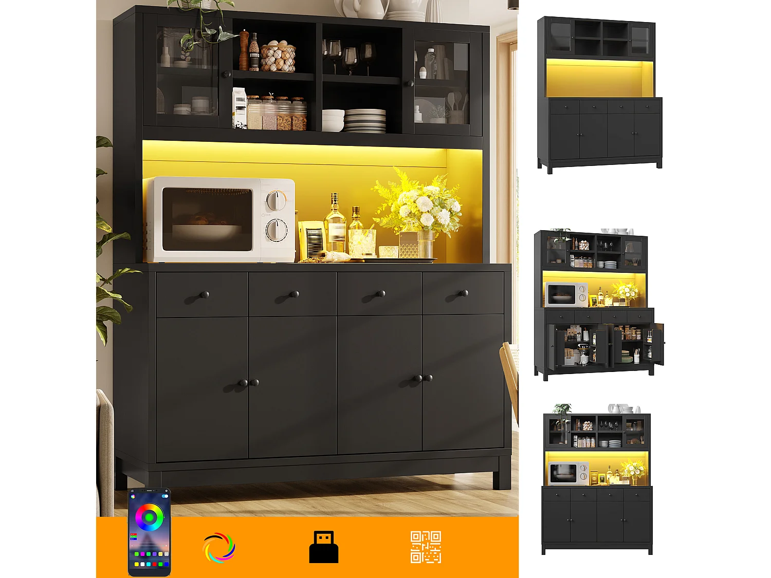 Buffet Haut de Cuisine 140cm - Vitrine avec Éclairage LED RGB Connecté, 4 Tiroirs, Rangement Modulable, Sécurité Anti-Basculement - Noir