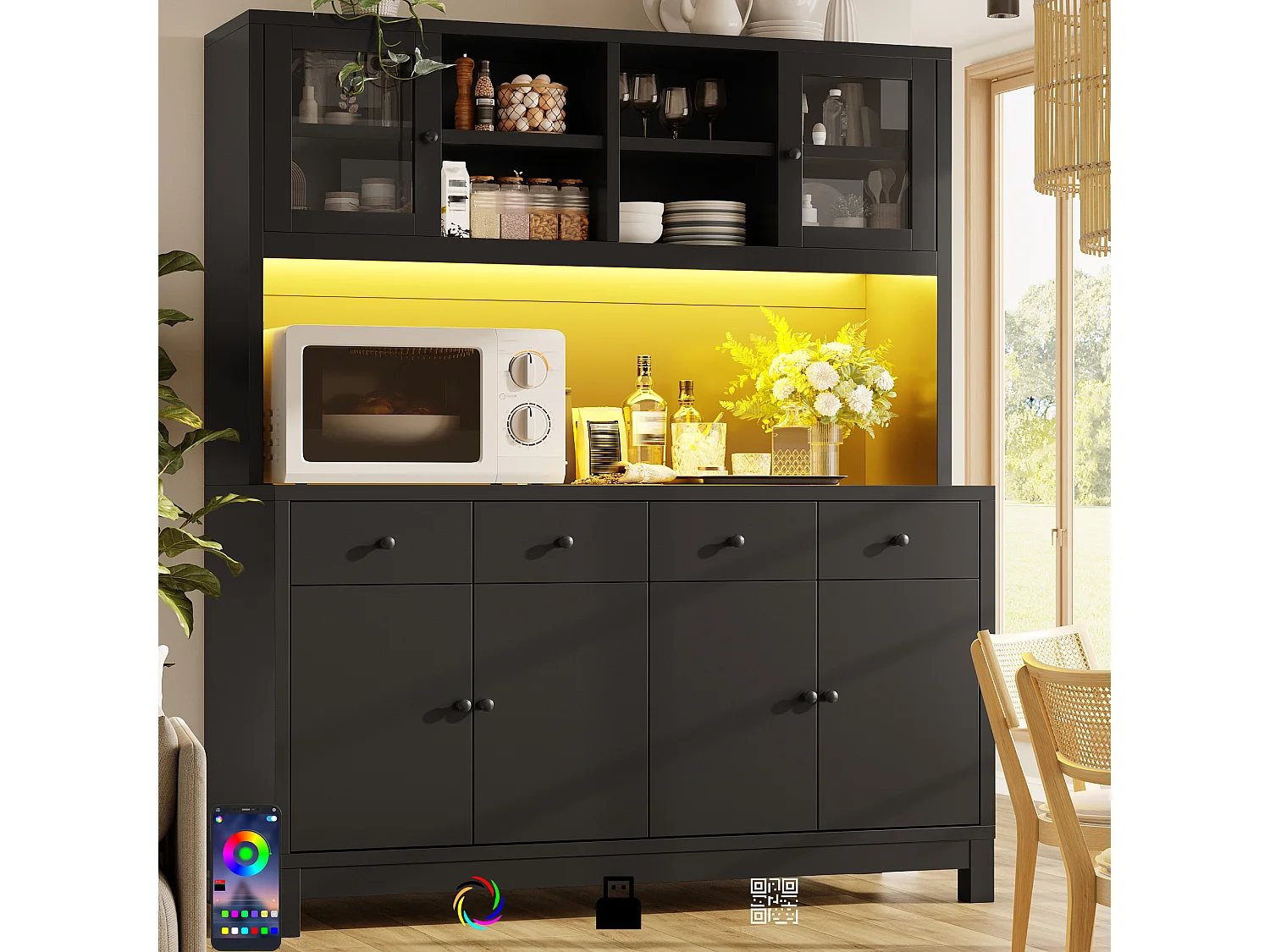 Buffet Haut de Cuisine 140cm - Vitrine avec Éclairage LED RGB Connecté, 4 Tiroirs, Rangement Modulable, Sécurité Anti-Basculement - Noir