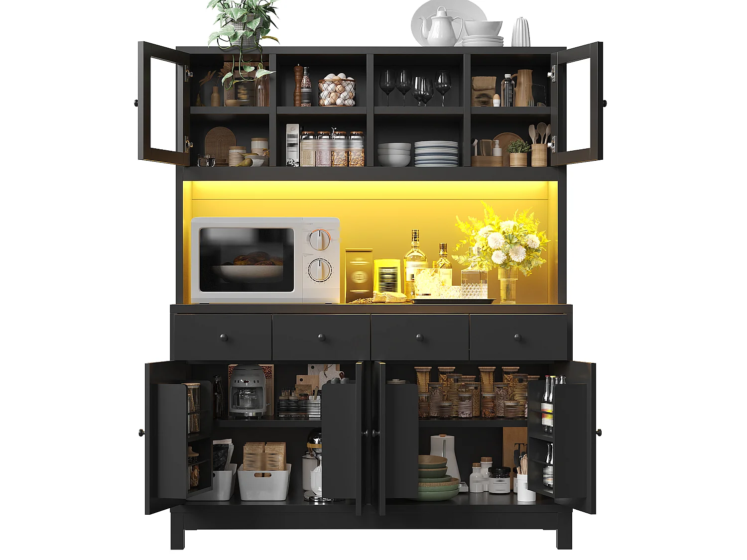 Buffet Haut de Cuisine 140cm - Vitrine avec Éclairage LED RGB Connecté, 4 Tiroirs, Rangement Modulable, Sécurité Anti-Basculement - Noir
