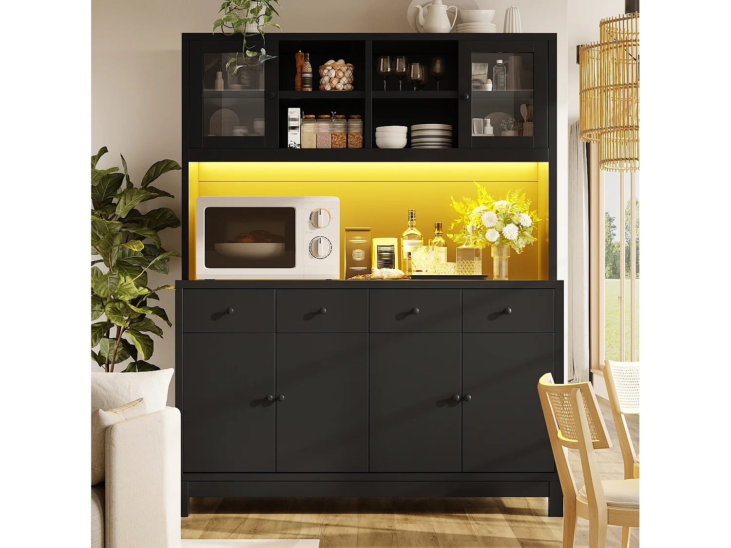 Buffet Haut de Cuisine 140cm - Vitrine avec Éclairage LED RGB Connecté, 4 Tiroirs, Rangement Modulable, Sécurité Anti-Basculement - Noir