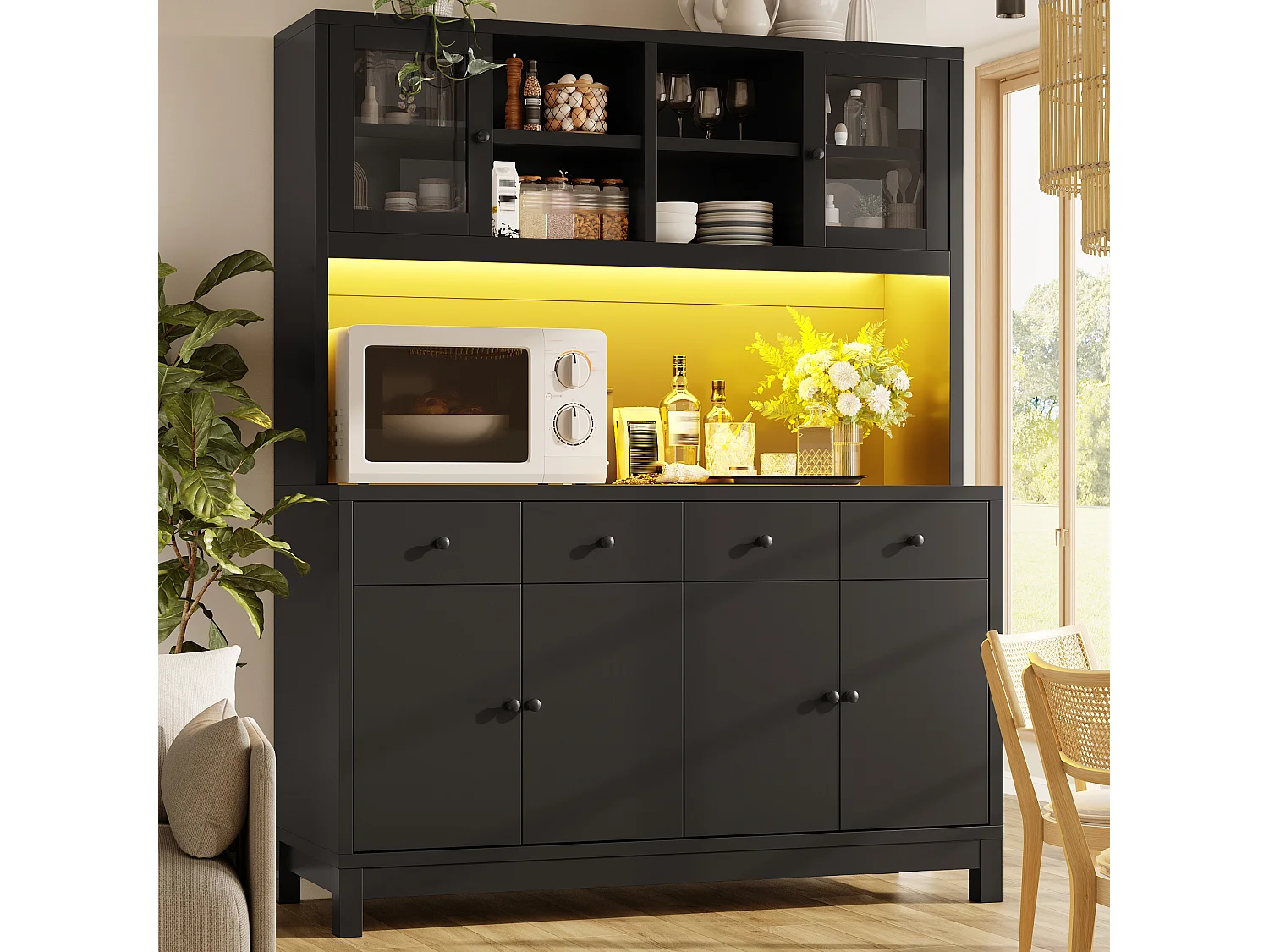 Buffet Haut de Cuisine 140cm - Vitrine avec Éclairage LED RGB Connecté, 4 Tiroirs, Rangement Modulable, Sécurité Anti-Basculement - Noir