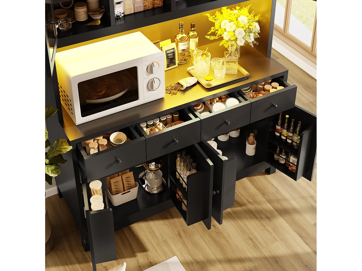Buffet Haut de Cuisine 140cm - Vitrine avec Éclairage LED RGB Connecté, 4 Tiroirs, Rangement Modulable, Sécurité Anti-Basculement - Noir
