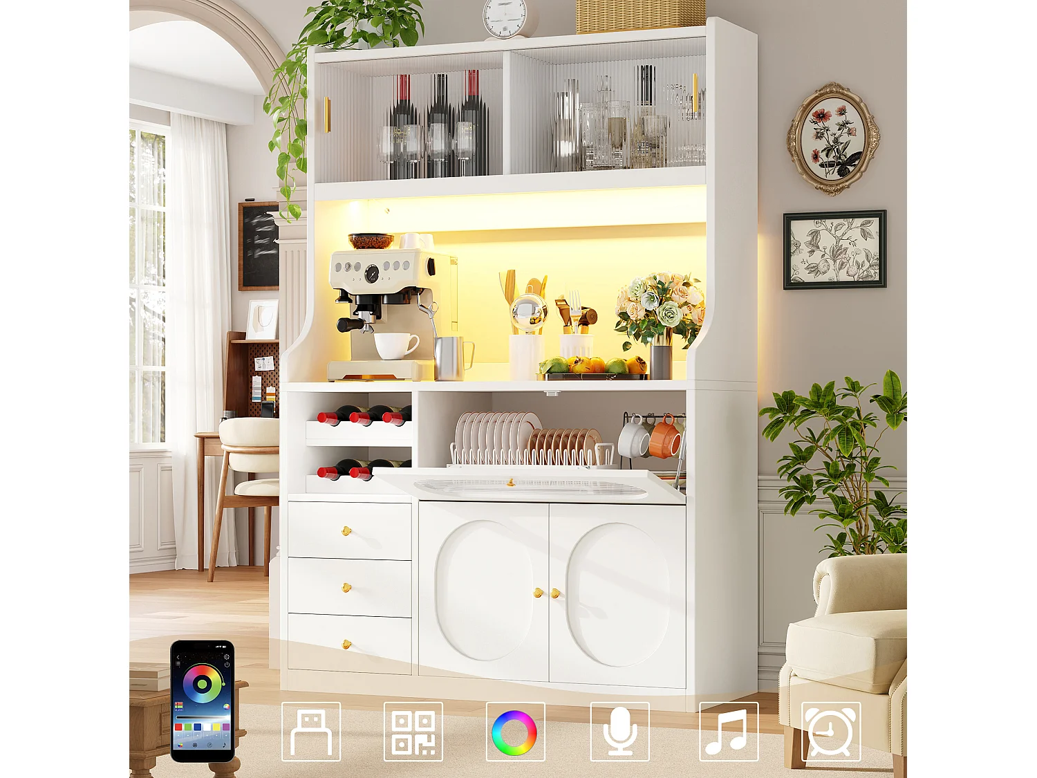 Buffet Hochschrank Küche 120cm - Vitrine mit LED-RGB-Beleuchtung verbunden, 3 verglaste Fächer, seitliche Schiebeablagen, Modernes Design - Weiß