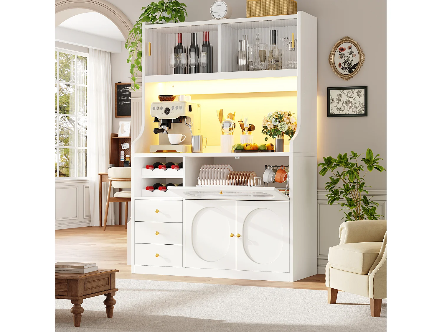 Buffet Hochschrank Küche 120cm - Vitrine mit LED-RGB-Beleuchtung verbunden, 3 verglaste Fächer, seitliche Schiebeablagen, Modernes Design - Weiß