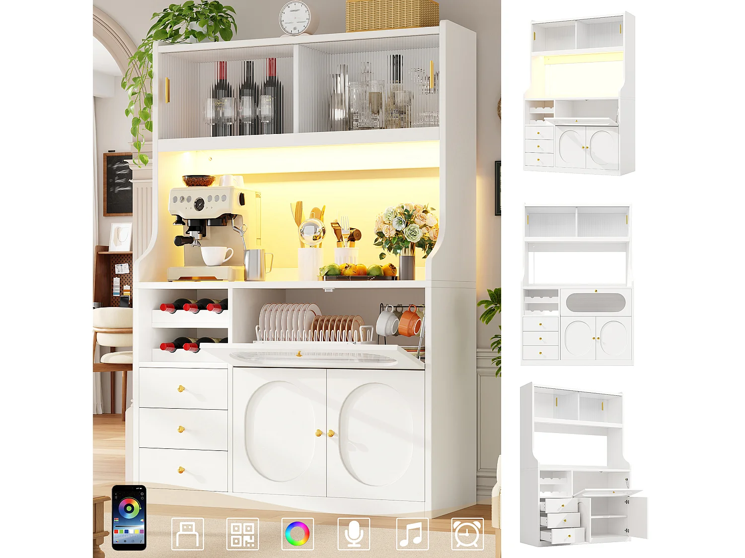 Buffet Hochschrank Küche 120cm - Vitrine mit LED-RGB-Beleuchtung verbunden, 3 verglaste Fächer, seitliche Schiebeablagen, Modernes Design - Weiß