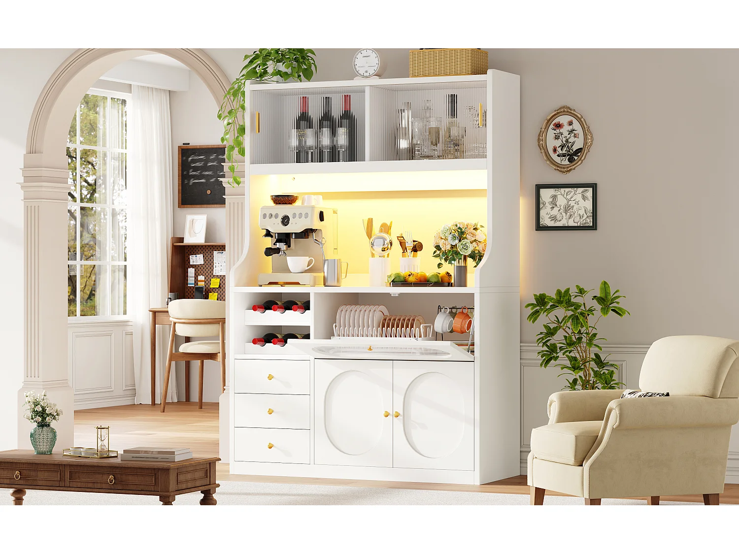 Buffet Hochschrank Küche 120cm - Vitrine mit LED-RGB-Beleuchtung verbunden, 3 verglaste Fächer, seitliche Schiebeablagen, Modernes Design - Weiß