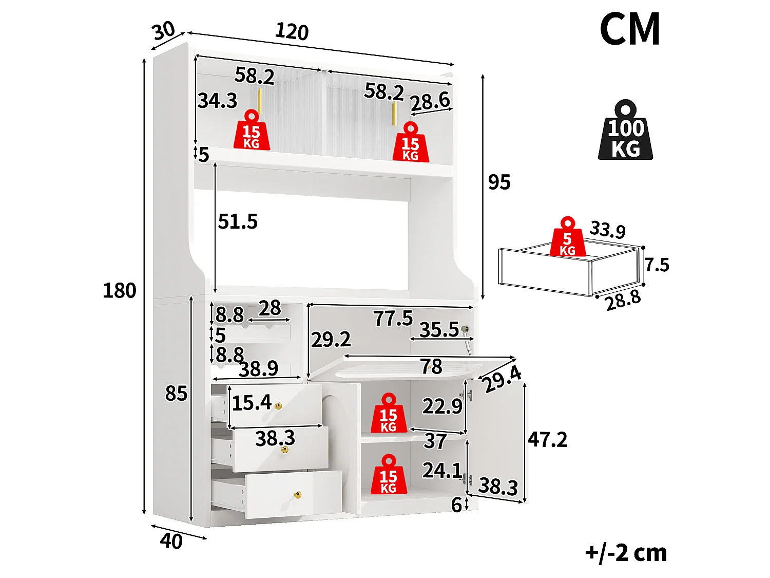 Buffet Hochschrank Küche 120cm - Vitrine mit LED-RGB-Beleuchtung verbunden, 3 verglaste Fächer, seitliche Schiebeablagen, Modernes Design - Weiß