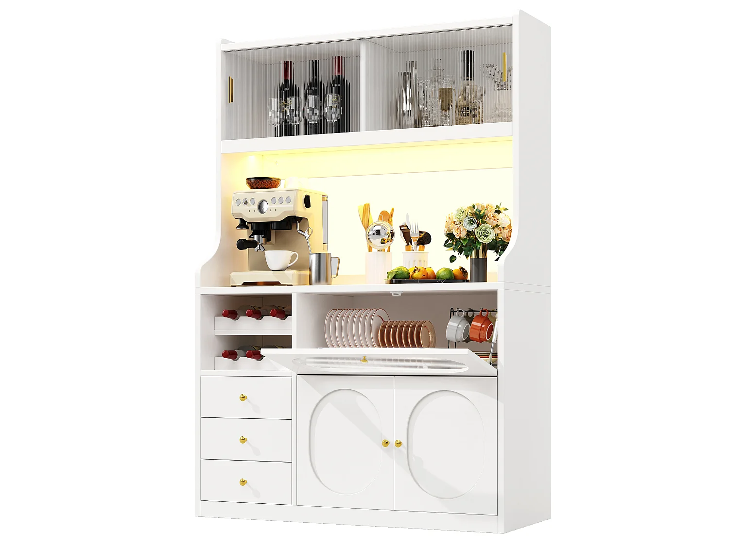 Buffet Hochschrank Küche 120cm - Vitrine mit LED-RGB-Beleuchtung verbunden, 3 verglaste Fächer, seitliche Schiebeablagen, Modernes Design - Weiß