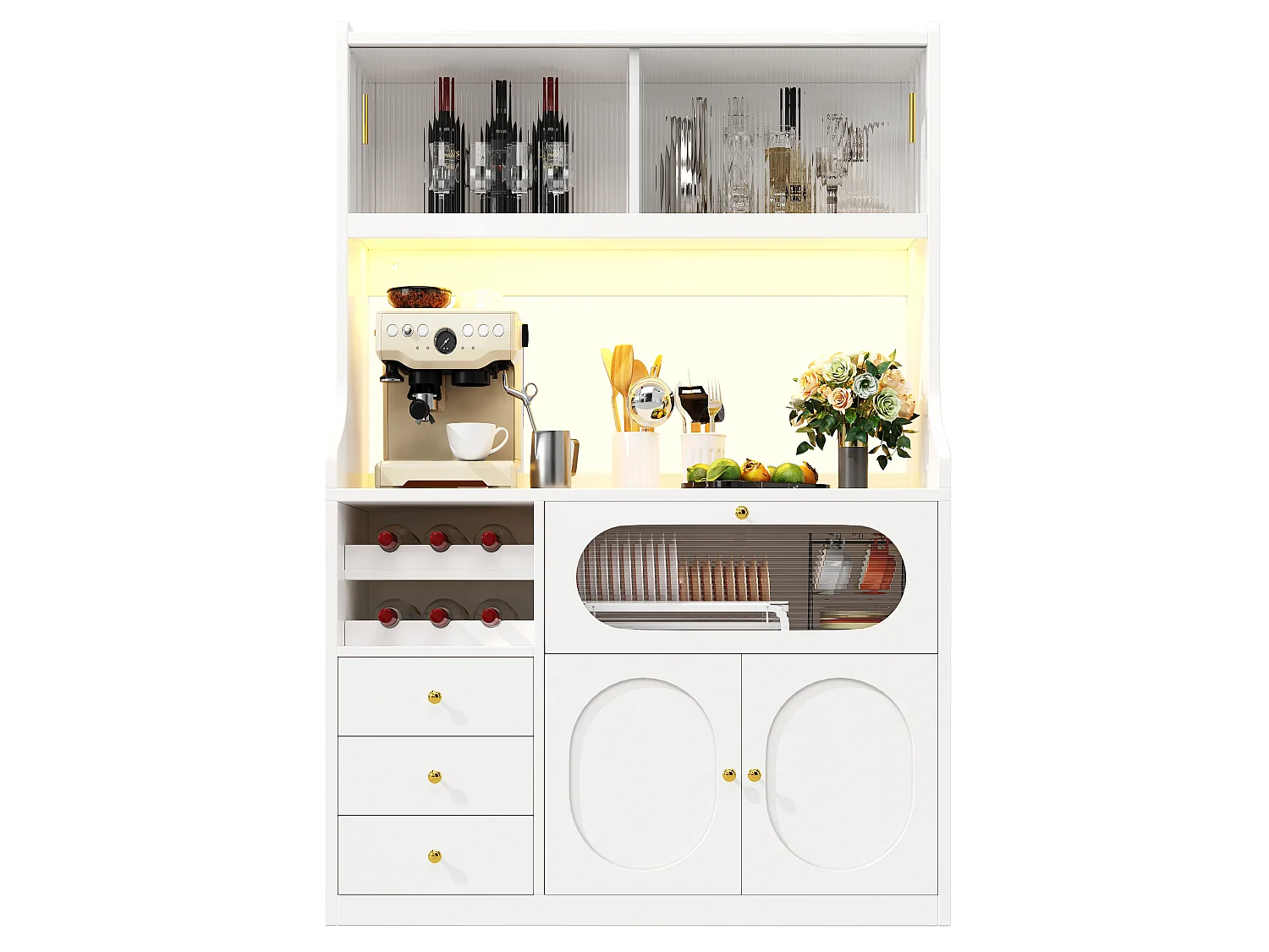 Buffet Hochschrank Küche 120cm - Vitrine mit LED-RGB-Beleuchtung verbunden, 3 verglaste Fächer, seitliche Schiebeablagen, Modernes Design - Weiß