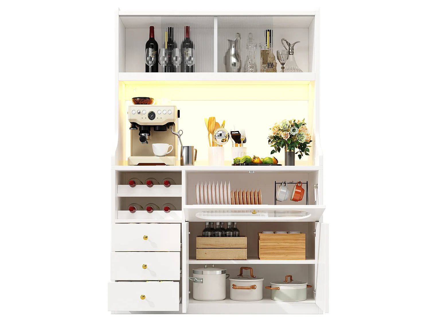 Buffet Hochschrank Küche 120cm - Vitrine mit LED-RGB-Beleuchtung verbunden, 3 verglaste Fächer, seitliche Schiebeablagen, Modernes Design - Weiß