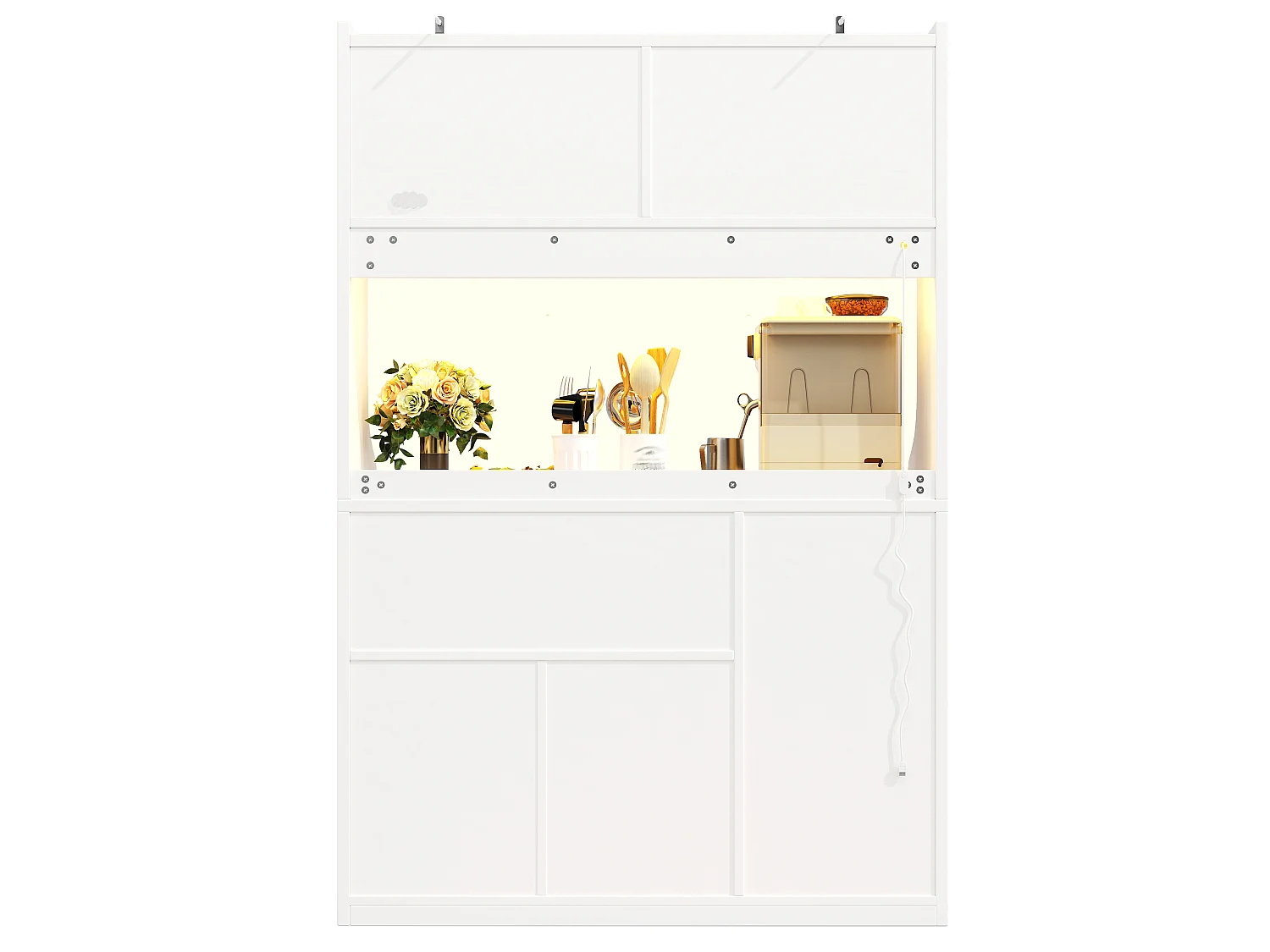 Buffet Hochschrank Küche 120cm - Vitrine mit LED-RGB-Beleuchtung verbunden, 3 verglaste Fächer, seitliche Schiebeablagen, Modernes Design - Weiß