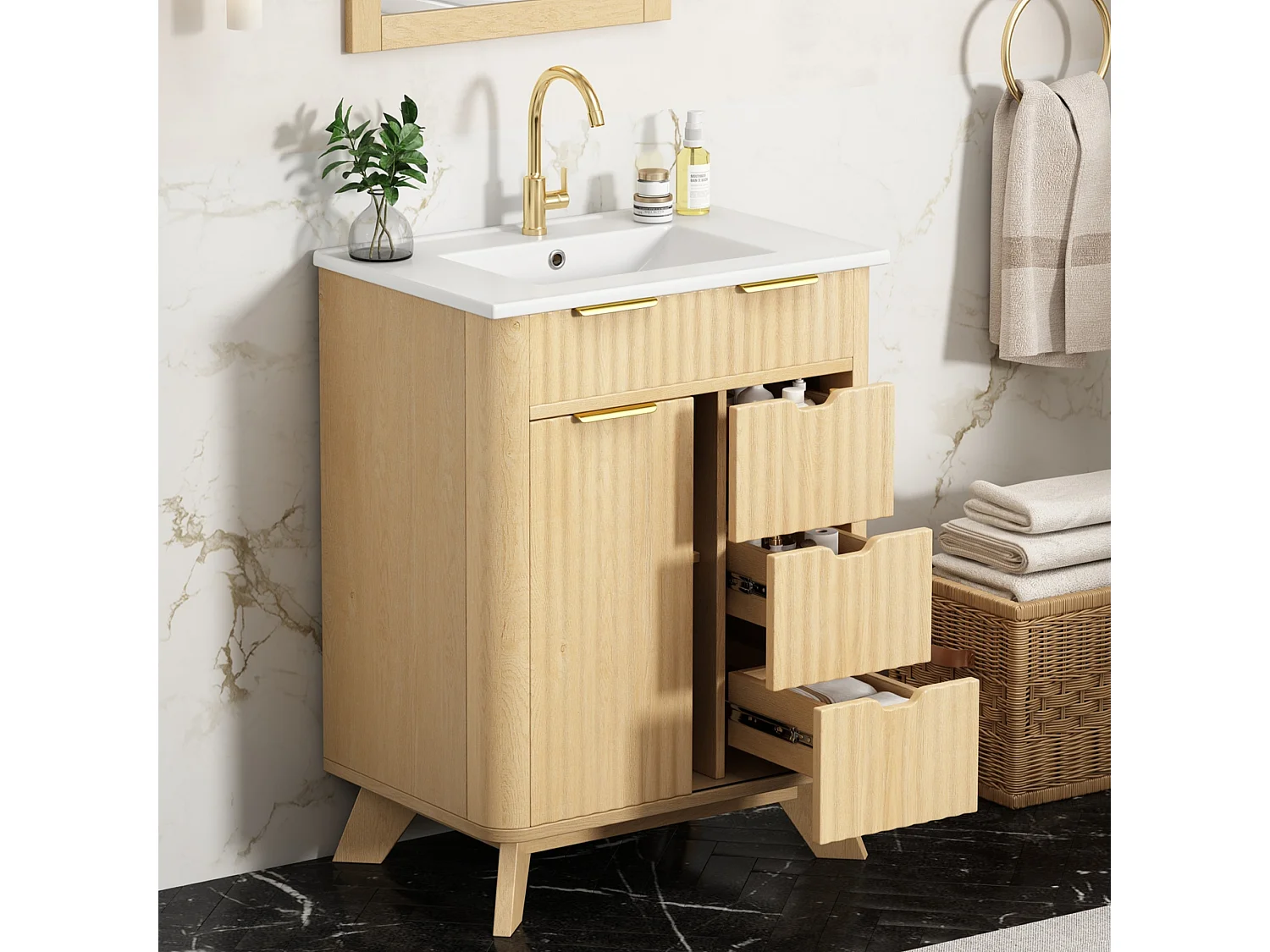 Badrumsskåp 61cm med Keramisk Tvättställ - Under-tvättställsställ med ben, Skjutdörr, 3 Lådor, Modern Vågdesign - Naturlig Träton