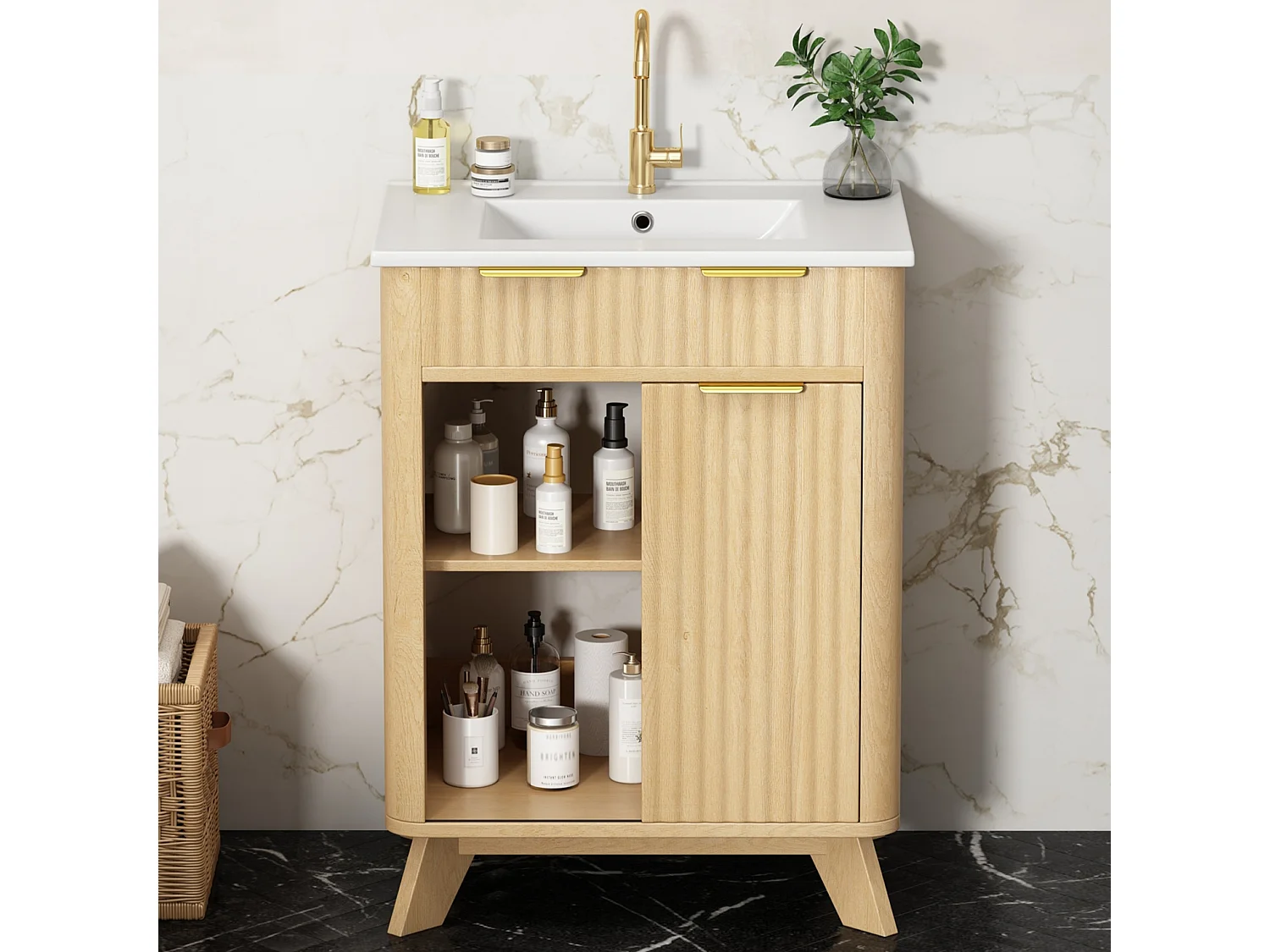 Badrumsskåp 61cm med Keramisk Tvättställ - Under-tvättställsställ med ben, Skjutdörr, 3 Lådor, Modern Vågdesign - Naturlig Träton