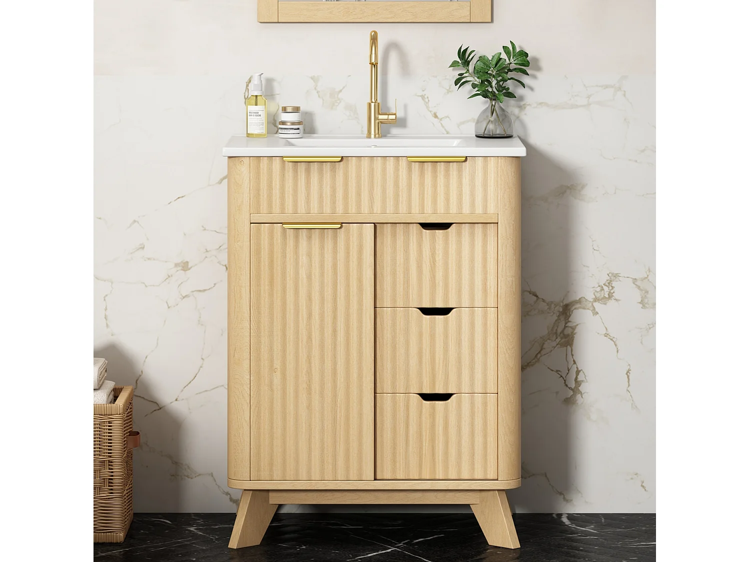 Badrumsskåp 61cm med Keramisk Tvättställ - Under-tvättställsställ med ben, Skjutdörr, 3 Lådor, Modern Vågdesign - Naturlig Träton