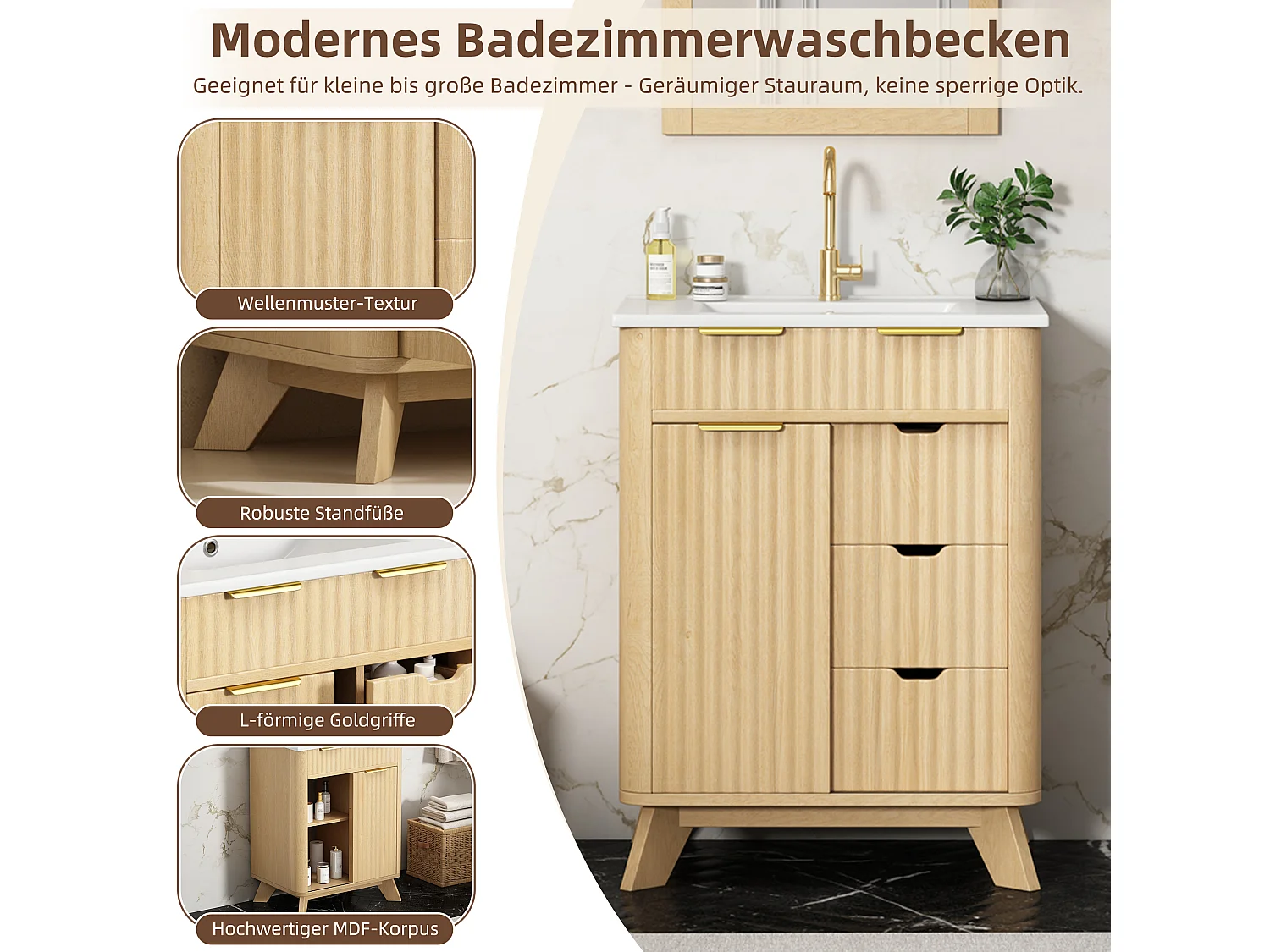 Badrumsskåp 61cm med Keramisk Tvättställ - Under-tvättställsställ med ben, Skjutdörr, 3 Lådor, Modern Vågdesign - Naturlig Träton