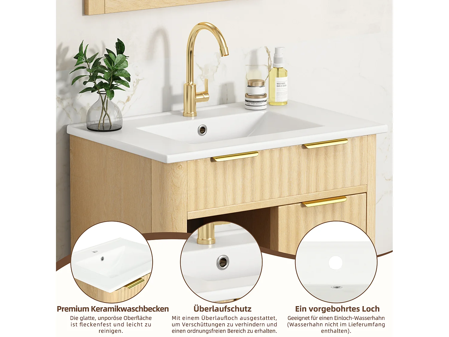 Badrumsskåp 61cm med Keramisk Tvättställ - Under-tvättställsställ med ben, Skjutdörr, 3 Lådor, Modern Vågdesign - Naturlig Träton