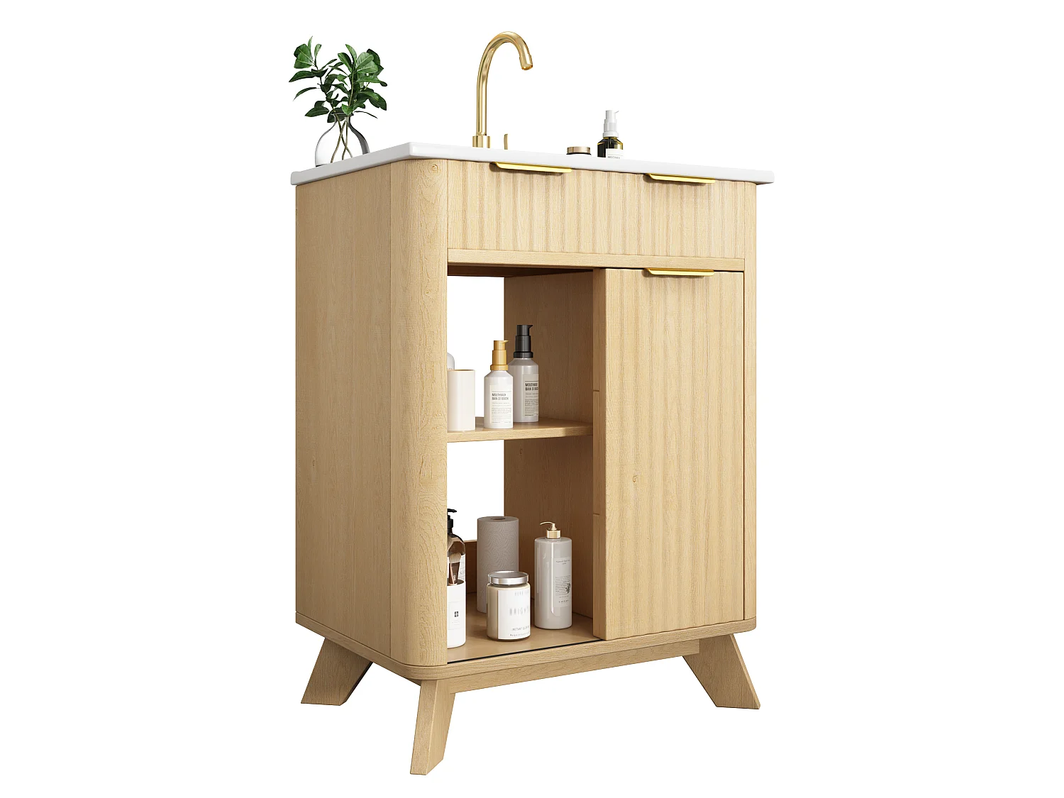 Badrumsskåp 61cm med Keramisk Tvättställ - Under-tvättställsställ med ben, Skjutdörr, 3 Lådor, Modern Vågdesign - Naturlig Träton