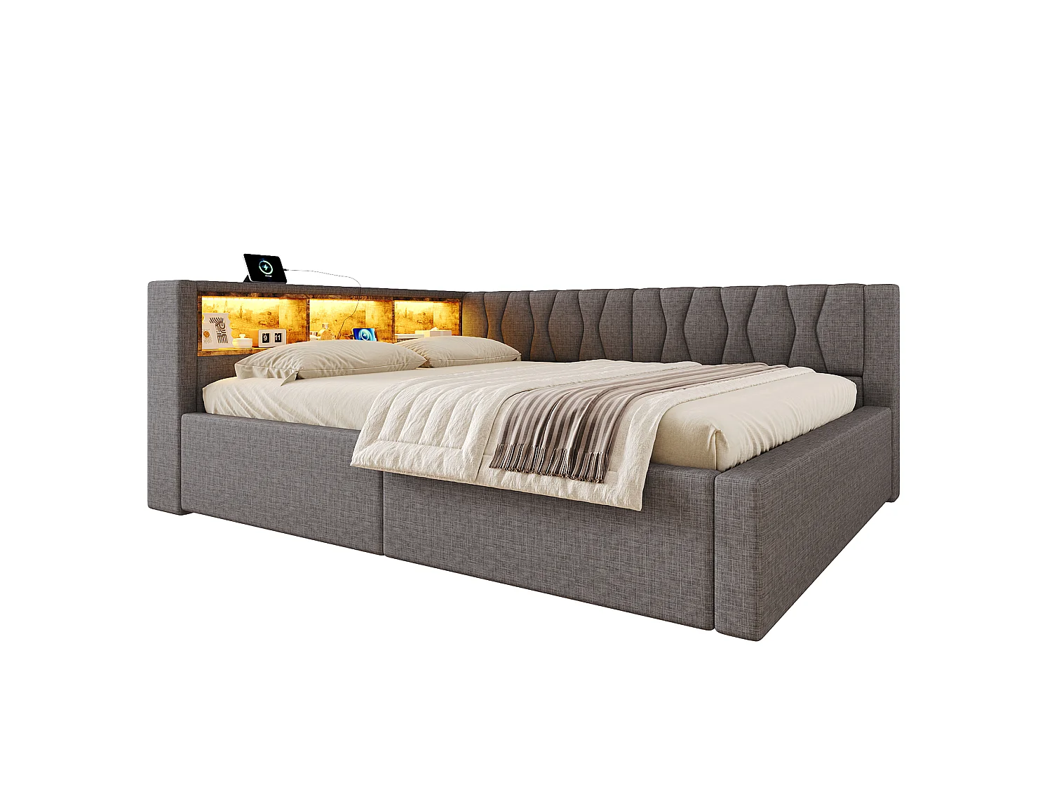 Schlafsofa mit Bettkasten 140x200cm - mit LED-Licht - mit Aufbewahrungsregal + USB-Anschluss - grau (Matratze nicht enthalten)