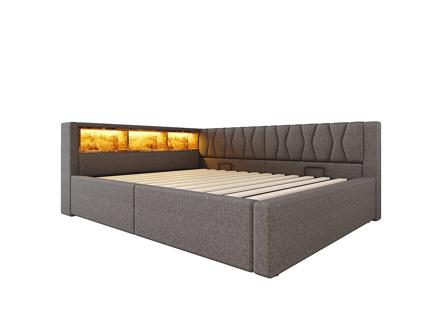 Schlafsofa mit Bettkasten 140x200cm - mit LED-Licht - mit Aufbewahrungsregal + USB-Anschluss - grau (Matratze nicht enthalten)