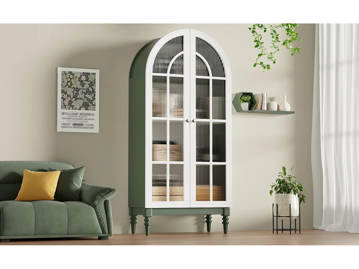 Tall Display Cabinet 165cm - Sideboard with Arched Doors in Striated Glass, "Montmartre" Design, 3 Storage Levels, Vintage Style - Dark Green / Walnut