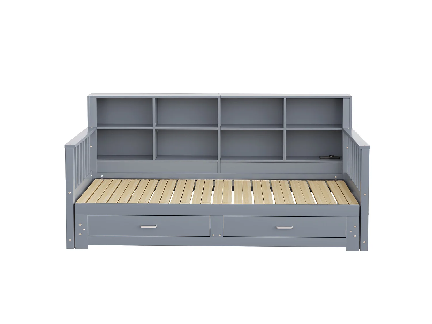 Dagbed 90 x 190 cm, uitschuifbaar tot 180 x 190 cm - Kinderbed met stopcontact, 2 lades en planken - Grijs