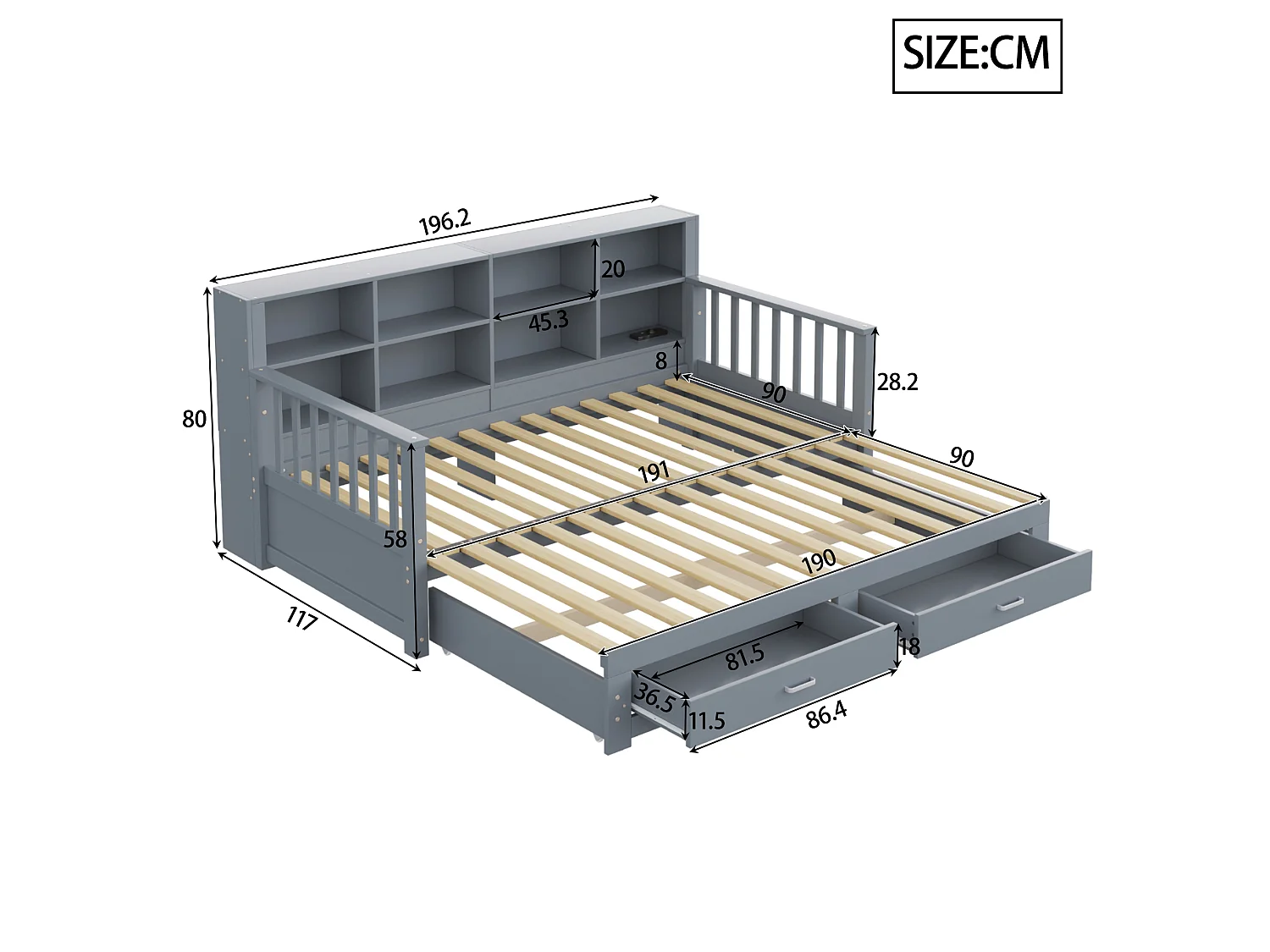 Dagbed 90 x 190 cm, uitschuifbaar tot 180 x 190 cm - Kinderbed met stopcontact, 2 lades en planken - Grijs