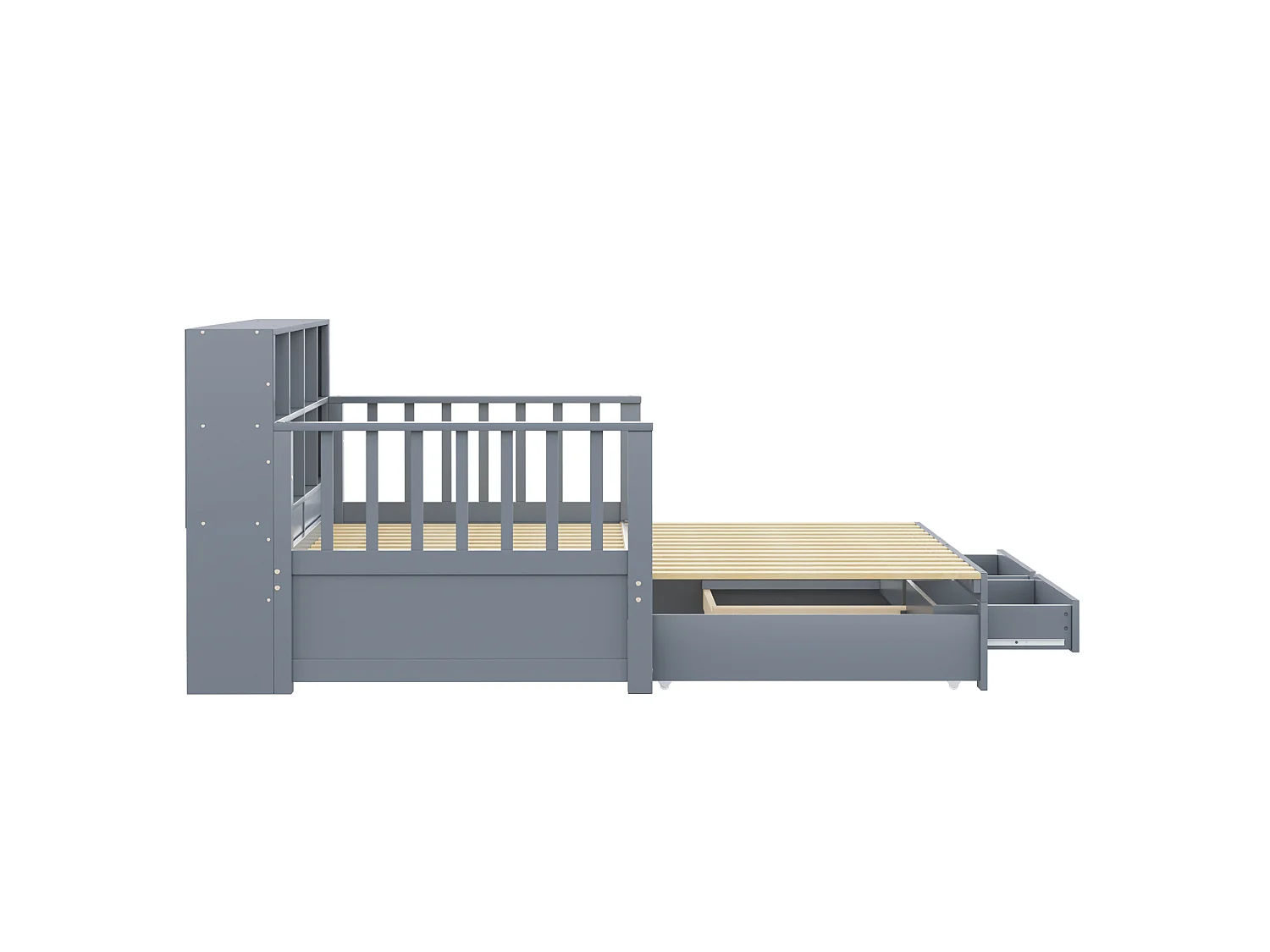 Dagbed 90 x 190 cm, uitschuifbaar tot 180 x 190 cm - Kinderbed met stopcontact, 2 lades en planken - Grijs