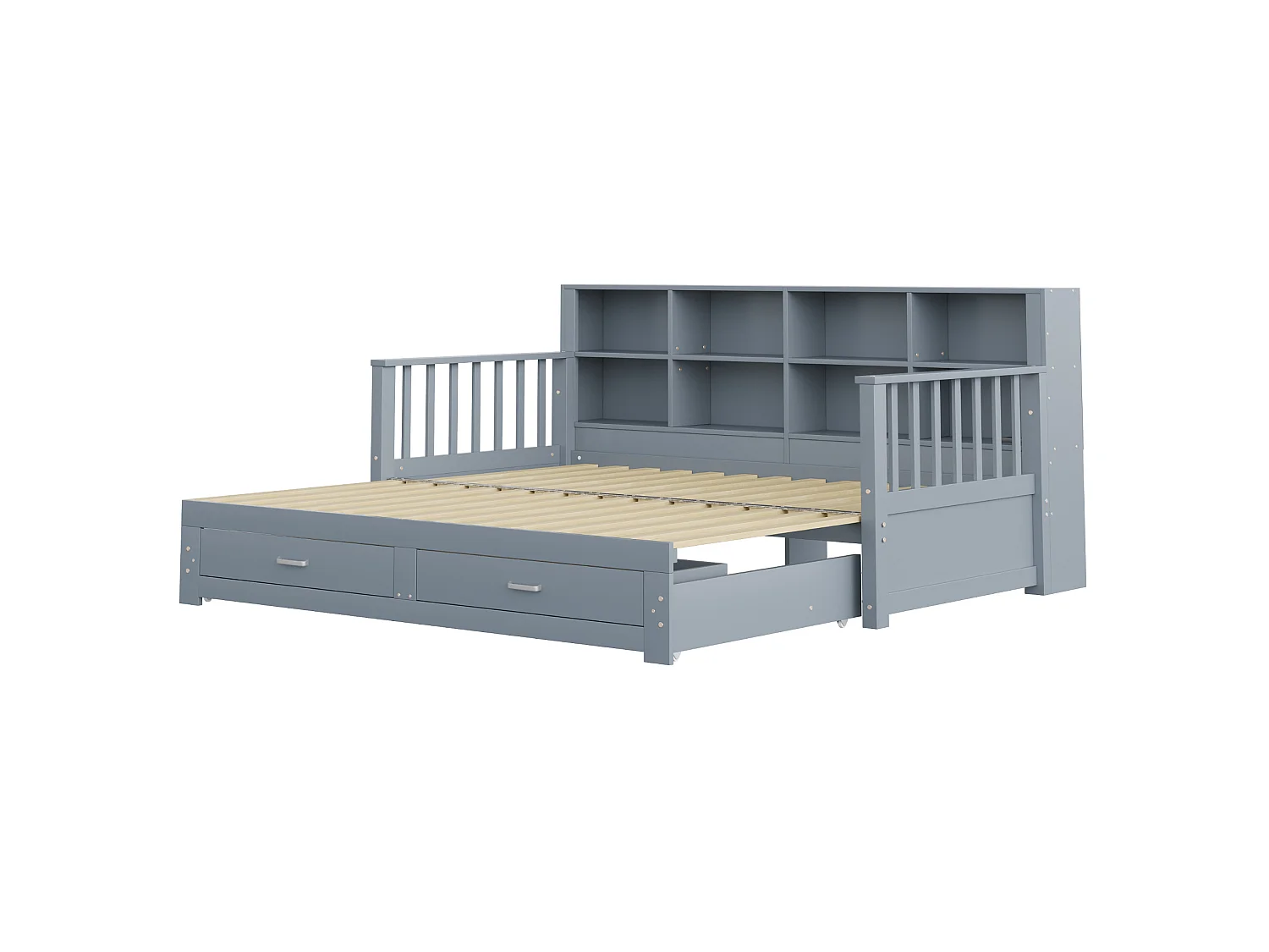 Dagbed 90 x 190 cm, uitschuifbaar tot 180 x 190 cm - Kinderbed met stopcontact, 2 lades en planken - Grijs