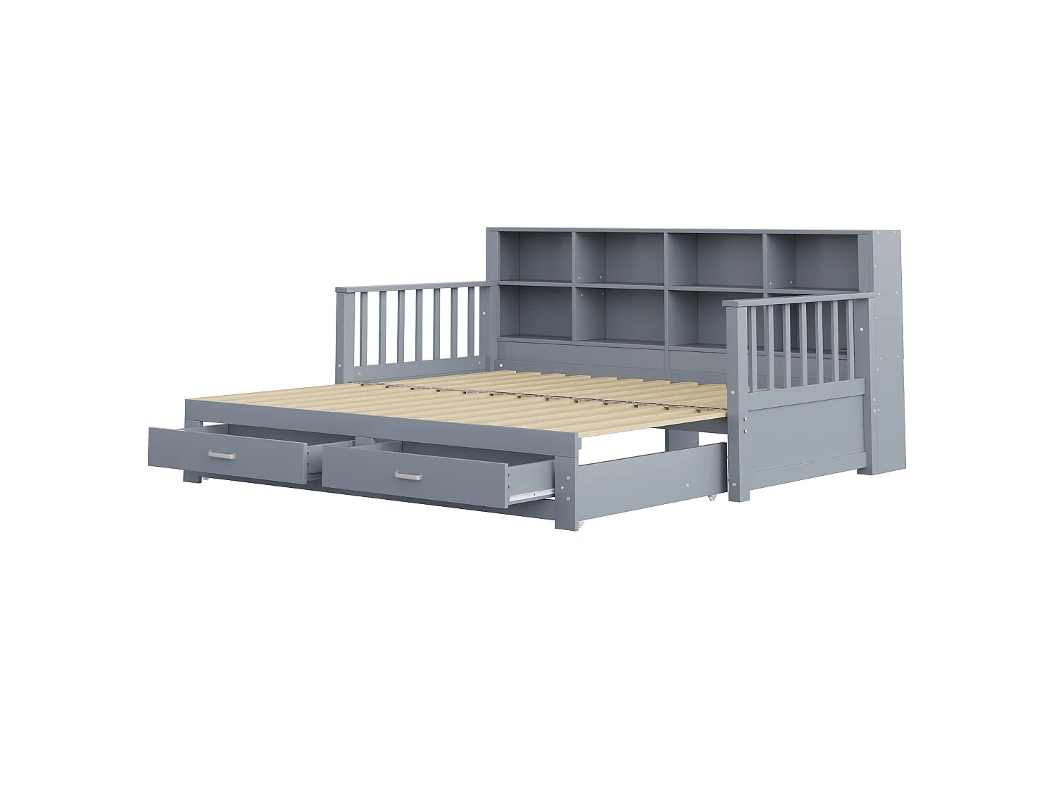 Dagbed 90 x 190 cm, uitschuifbaar tot 180 x 190 cm - Kinderbed met stopcontact, 2 lades en planken - Grijs