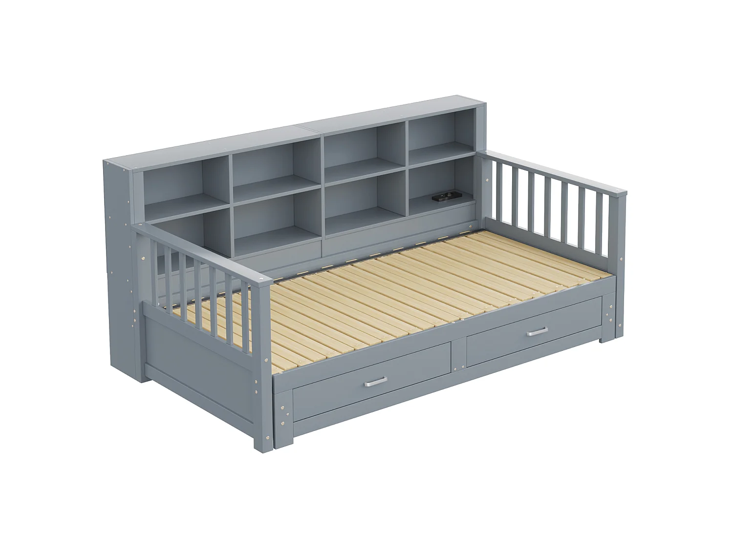 Dagbed 90 x 190 cm, uitschuifbaar tot 180 x 190 cm - Kinderbed met stopcontact, 2 lades en planken - Grijs