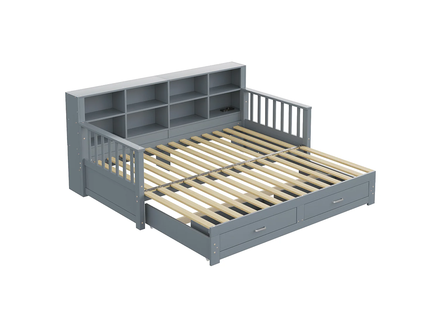 Dagbed 90 x 190 cm, uitschuifbaar tot 180 x 190 cm - Kinderbed met stopcontact, 2 lades en planken - Grijs