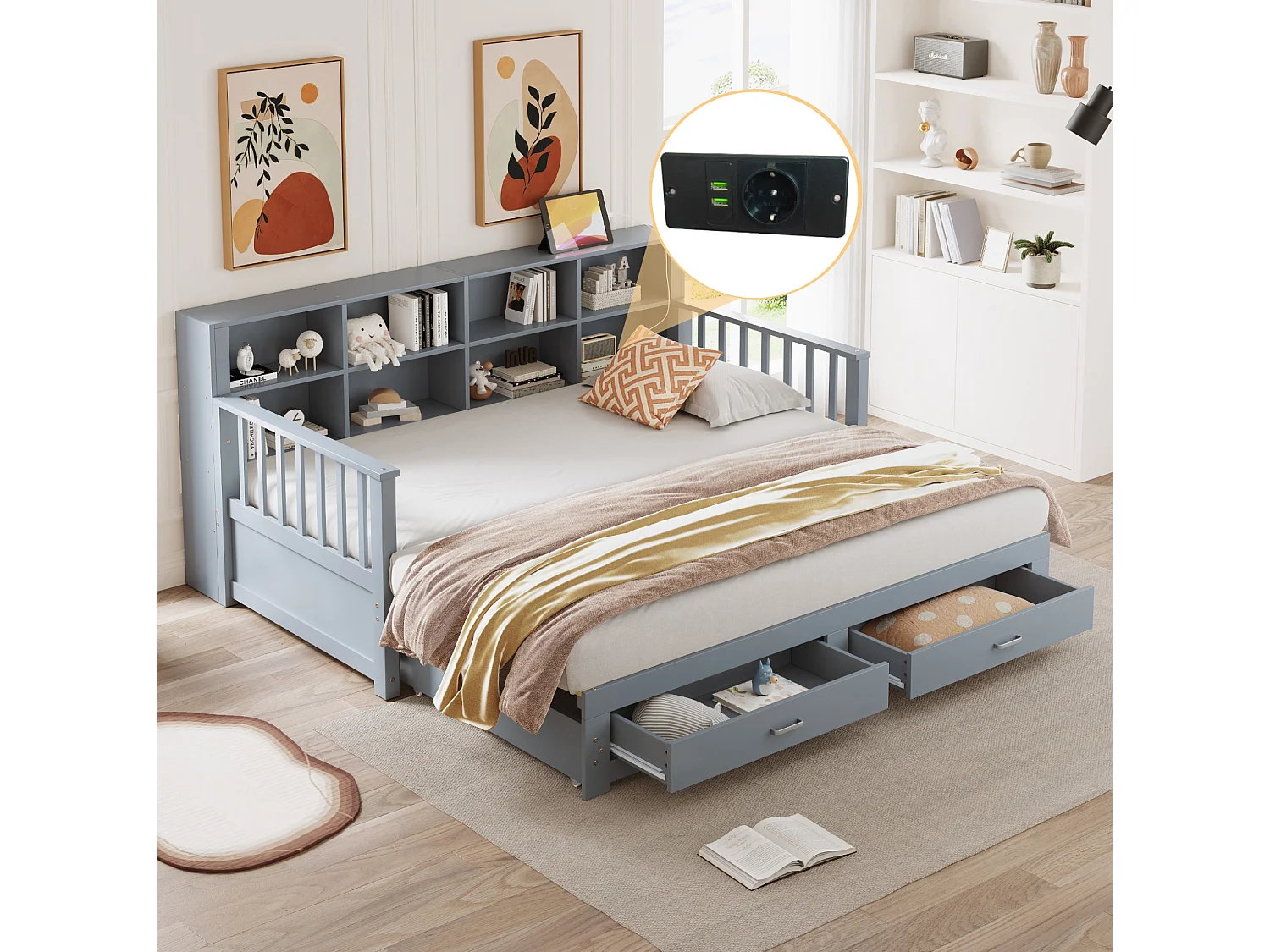 Dagbed 90 x 190 cm, uitschuifbaar tot 180 x 190 cm - Kinderbed met stopcontact, 2 lades en planken - Grijs