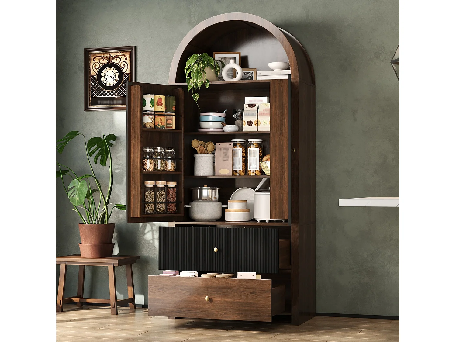 Keukendressoir met 2 lades en 2 deuren - Zwart en bruin, 80 x 40 x 180 cm