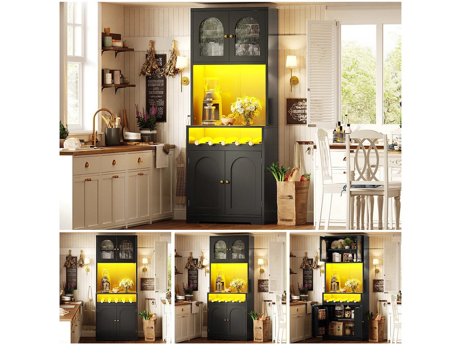 Buffet Haut de Cuisine 180cm - Vitrine avec Portes Arquées, Éclairage LED RGB Connecté, Casier à Vin, Sécurité Anti-Basculement - Noir