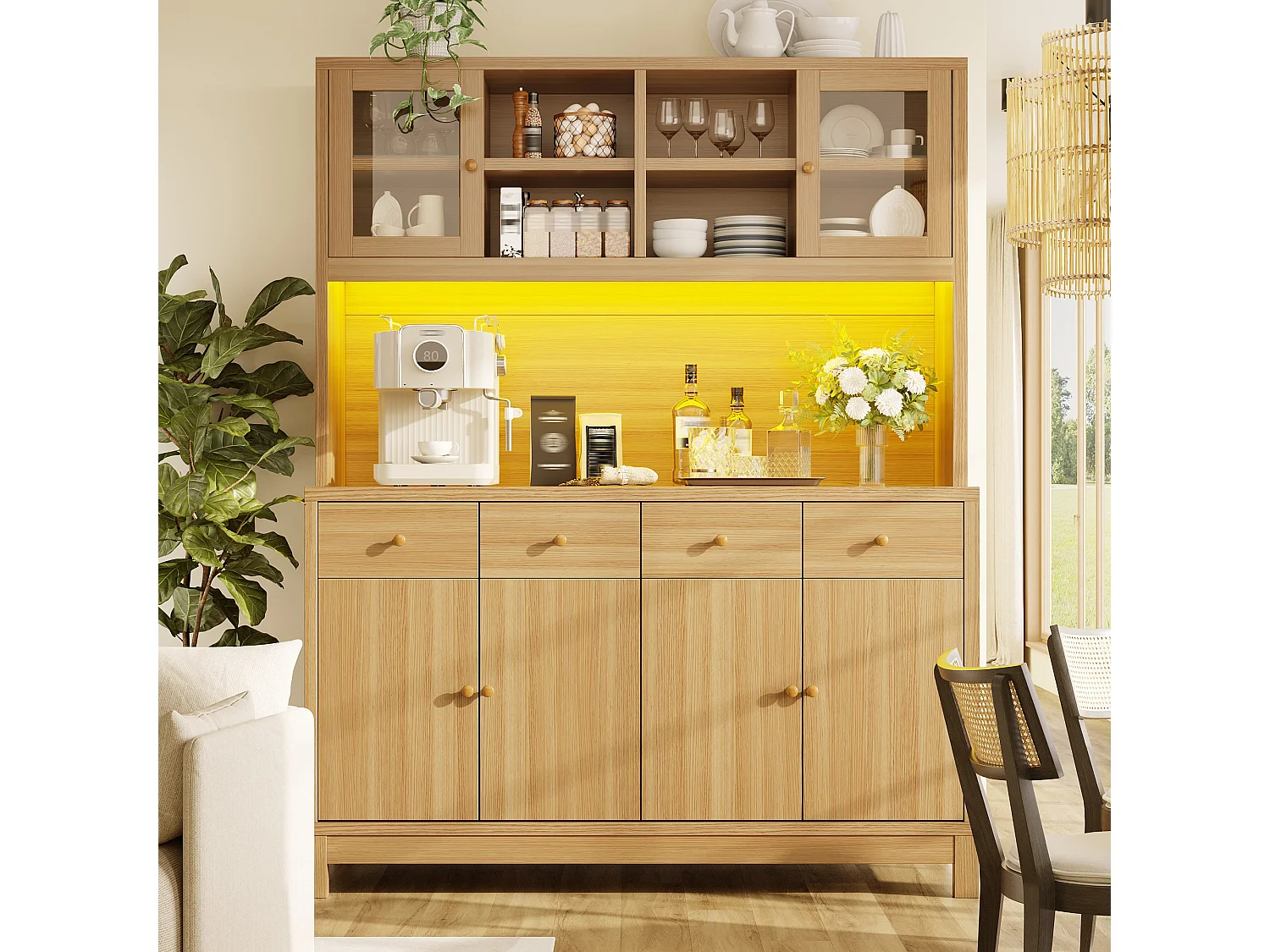 Buffet de Cuisine Haut 140cm - Armoire avec Éclairage LED RGB, Portes Vitrées, 4 Tiroirs, Rangement Optimisé, MDF - Aspect Bois Naturel