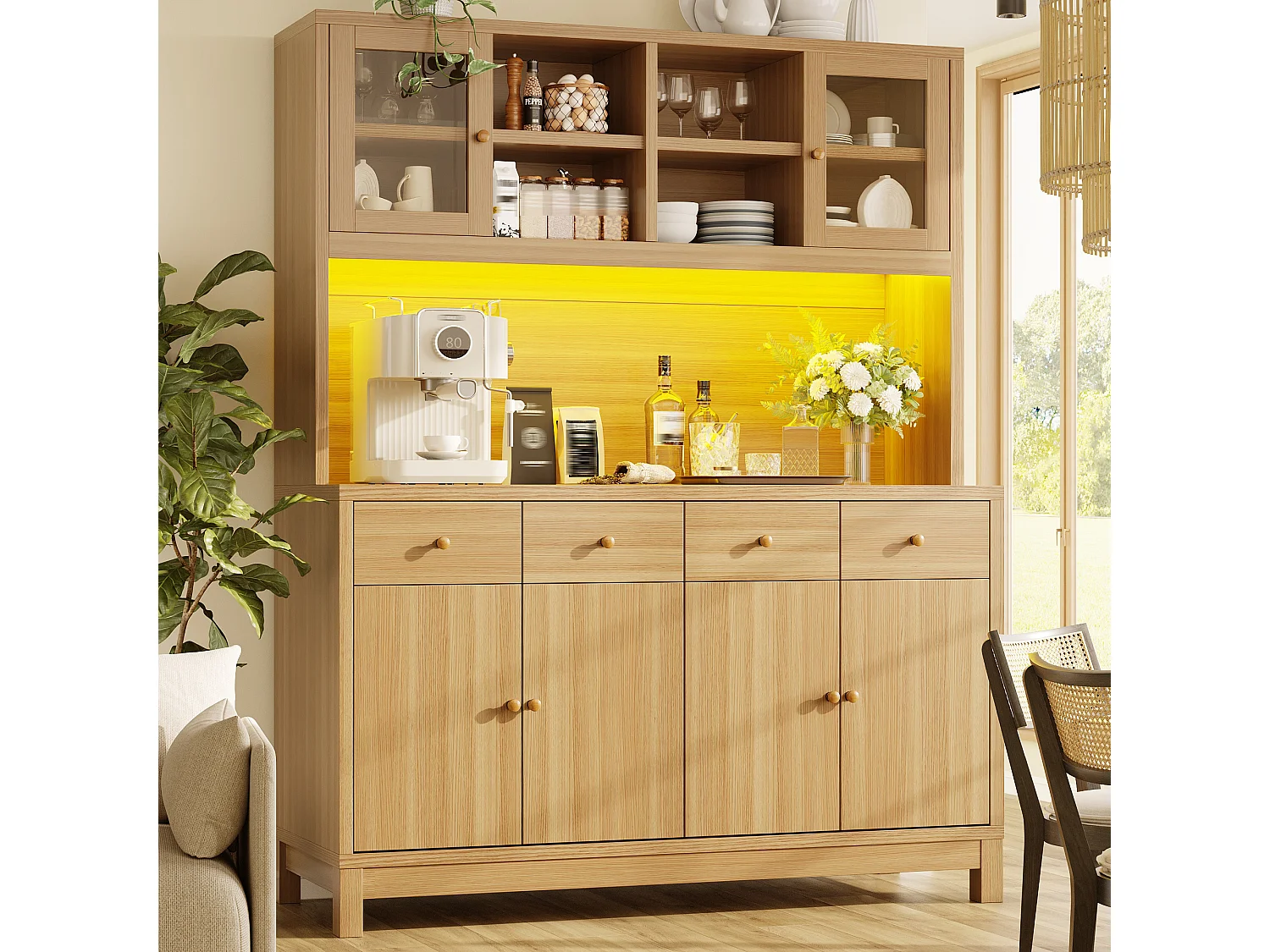 Buffet de Cuisine Haut 140cm - Armoire avec Éclairage LED RGB, Portes Vitrées, 4 Tiroirs, Rangement Optimisé, MDF - Aspect Bois Naturel