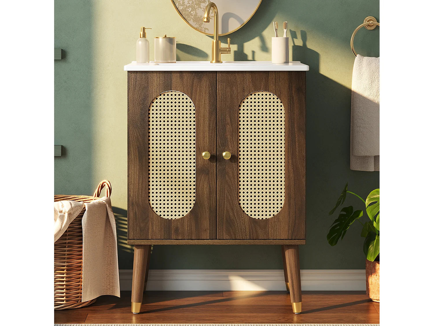 Meuble de Salle de Bain 61cm avec Vasque en Céramique - Ensemble sous-vasque sur pieds, Portes en Rotin, Finition Noyer, Détails Dorés, Style Bohème - Brun Foncé