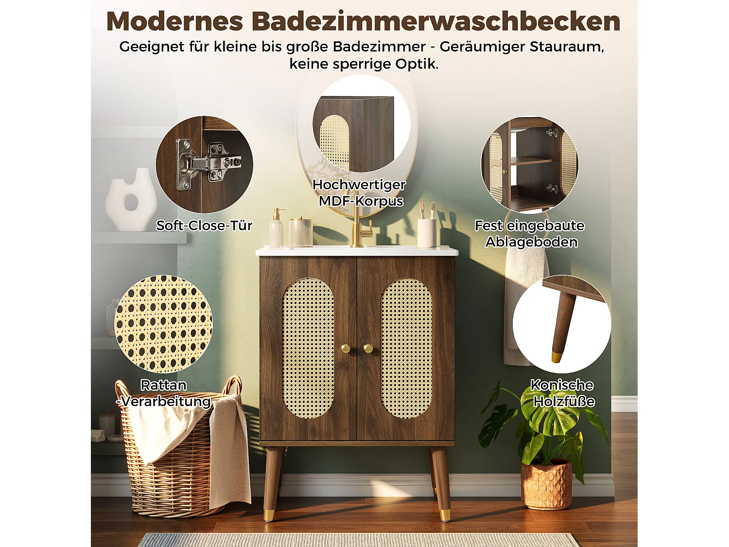 Meuble de Salle de Bain 61cm avec Vasque en Céramique - Ensemble sous-vasque sur pieds, Portes en Rotin, Finition Noyer, Détails Dorés, Style Bohème - Brun Foncé