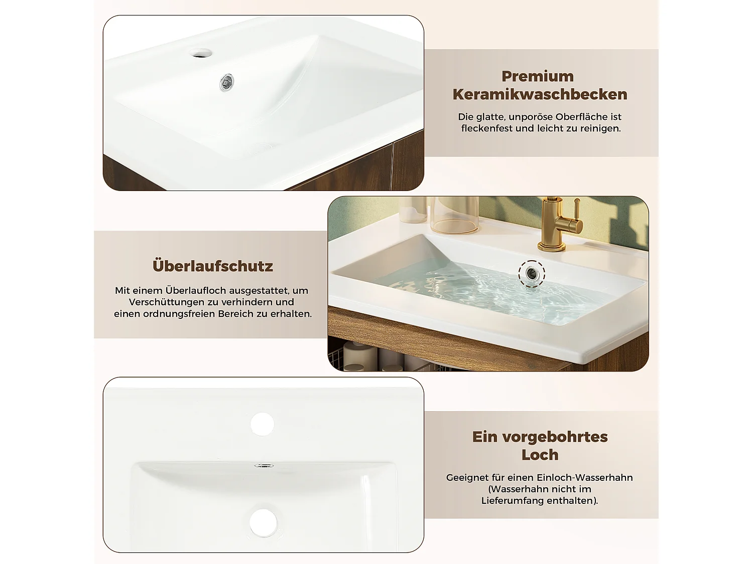 Meuble de Salle de Bain 61cm avec Vasque en Céramique - Ensemble sous-vasque sur pieds, Portes en Rotin, Finition Noyer, Détails Dorés, Style Bohème - Brun Foncé