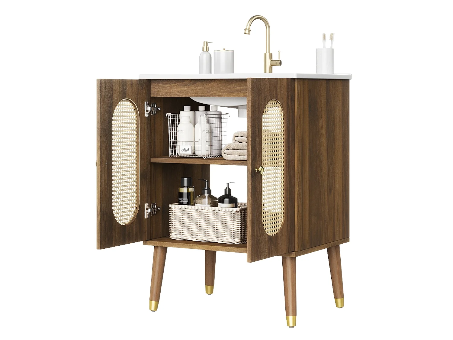 Meuble de Salle de Bain 61cm avec Vasque en Céramique - Ensemble sous-vasque sur pieds, Portes en Rotin, Finition Noyer, Détails Dorés, Style Bohème - Brun Foncé