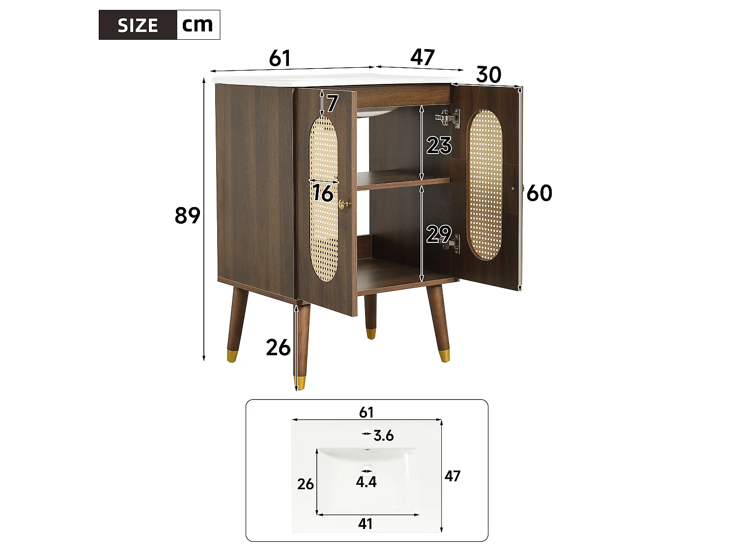 Meuble de Salle de Bain 61cm avec Vasque en Céramique - Ensemble sous-vasque sur pieds, Portes en Rotin, Finition Noyer, Détails Dorés, Style Bohème - Brun Foncé