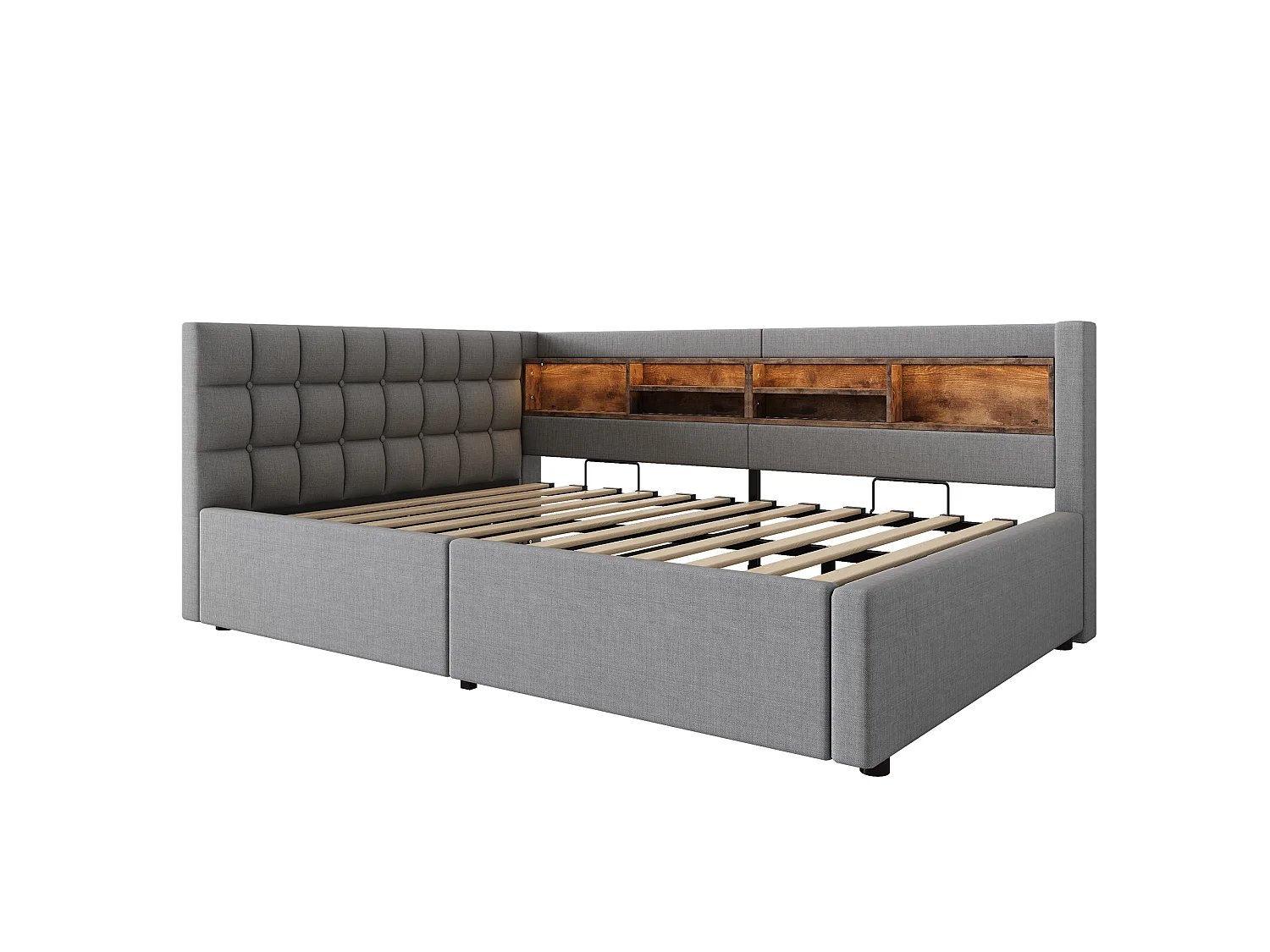 Schlafsofa mit Bettkasten 140x200cm - mit LED-Licht - mit Regalen und USB-Anschluss - grau (Matratze nicht enthalten)