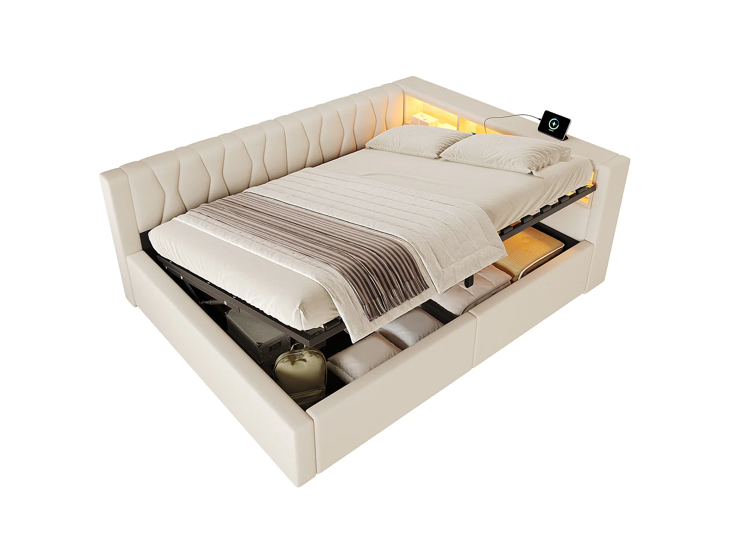 Schlafsofa mit Bettkasten 140x200cm - mit LED-Licht - mit Aufbewahrungsregal + USB-Anschluss - beige (Matratze nicht enthalten)