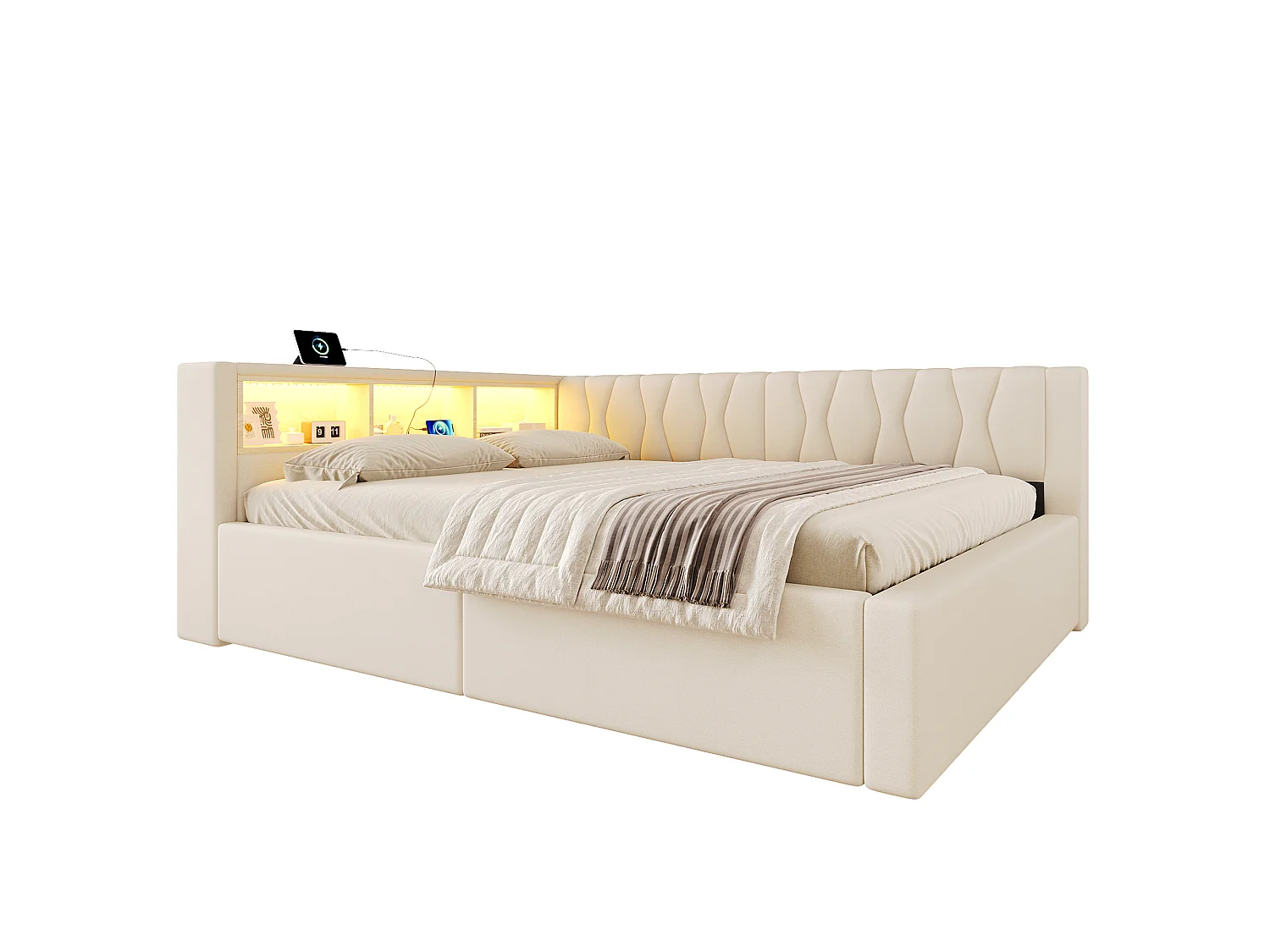 Schlafsofa mit Bettkasten 140x200cm - mit LED-Licht - mit Aufbewahrungsregal + USB-Anschluss - beige (Matratze nicht enthalten)